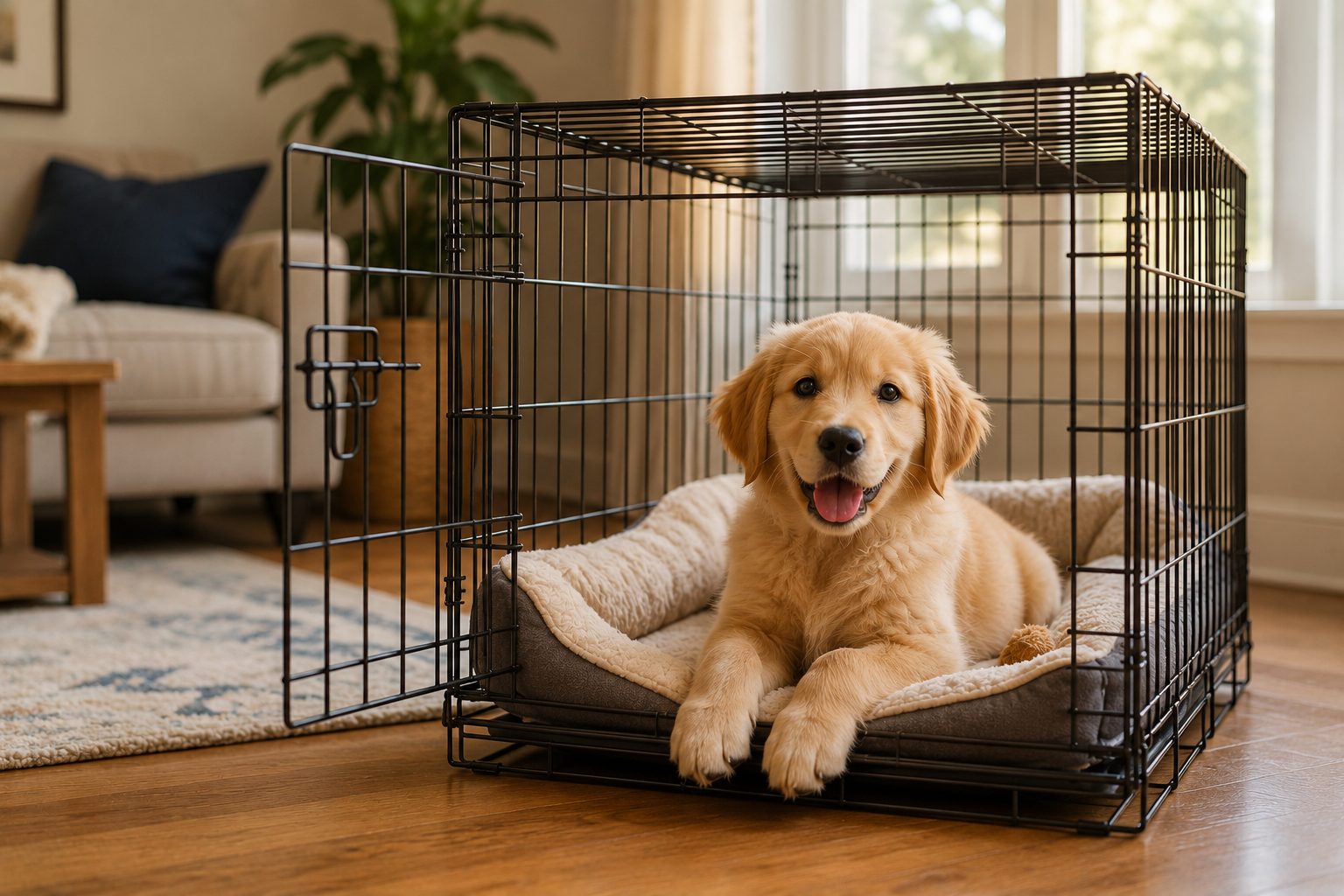 Puppy sitting calmly inside a wooden crate outdoors