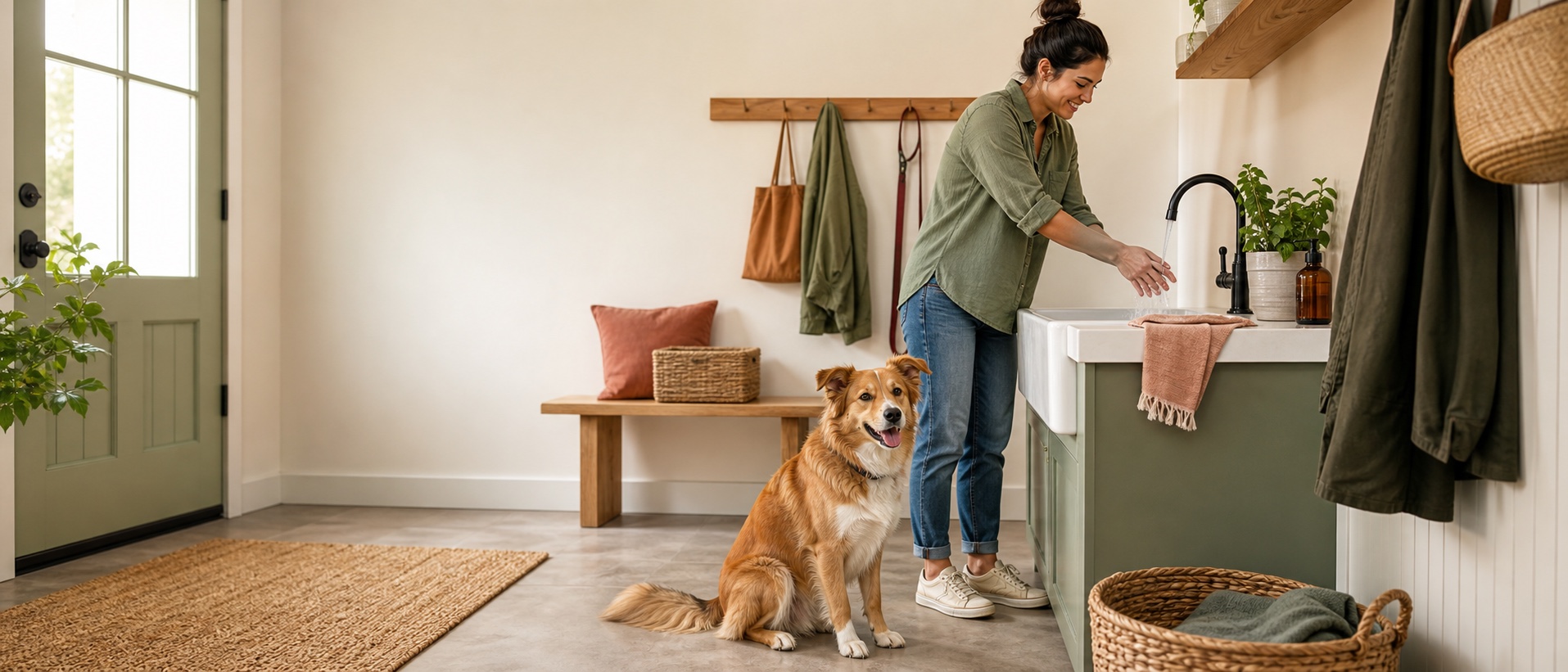 Person washing hands after playing with their dog