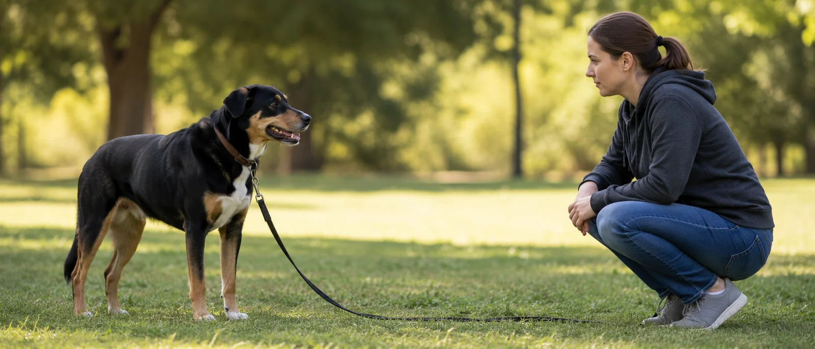Calm leashed dog standing at a comfortable distance from a person crouched calmly nearby in a park