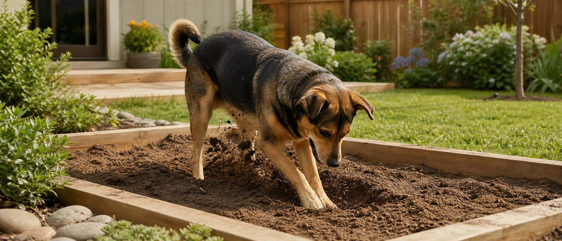 Dog using a designated digging area in a backyard