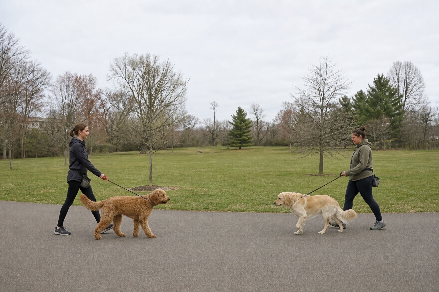 Two dogs walking calmly in parallel before meeting