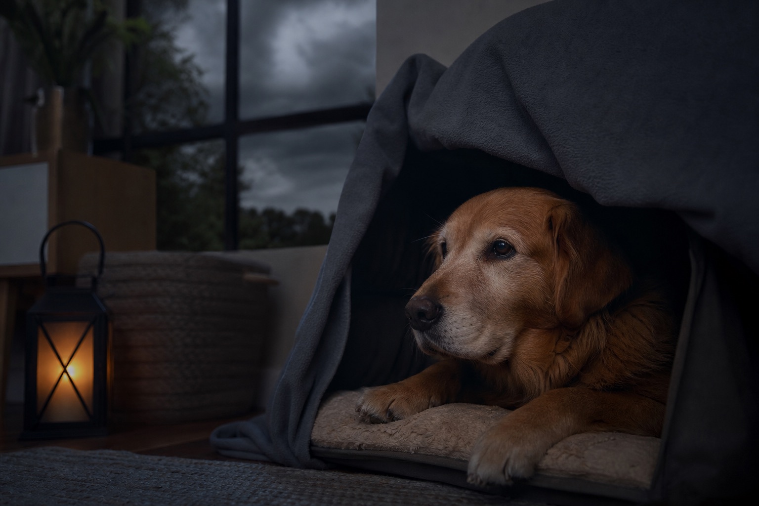 Dog resting in a quiet safe space during noise preparation