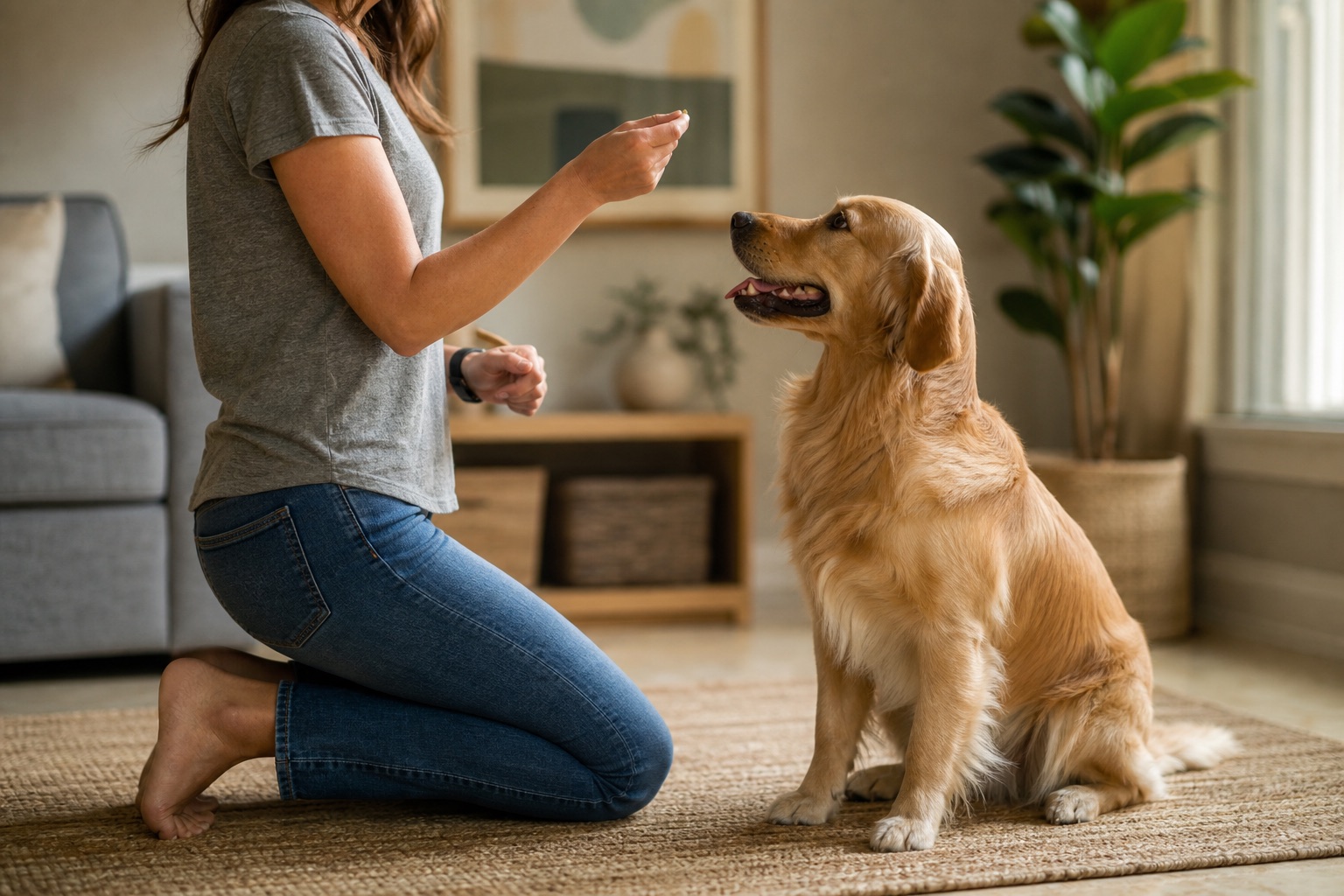 Dog sitting attentively beside its owner during training