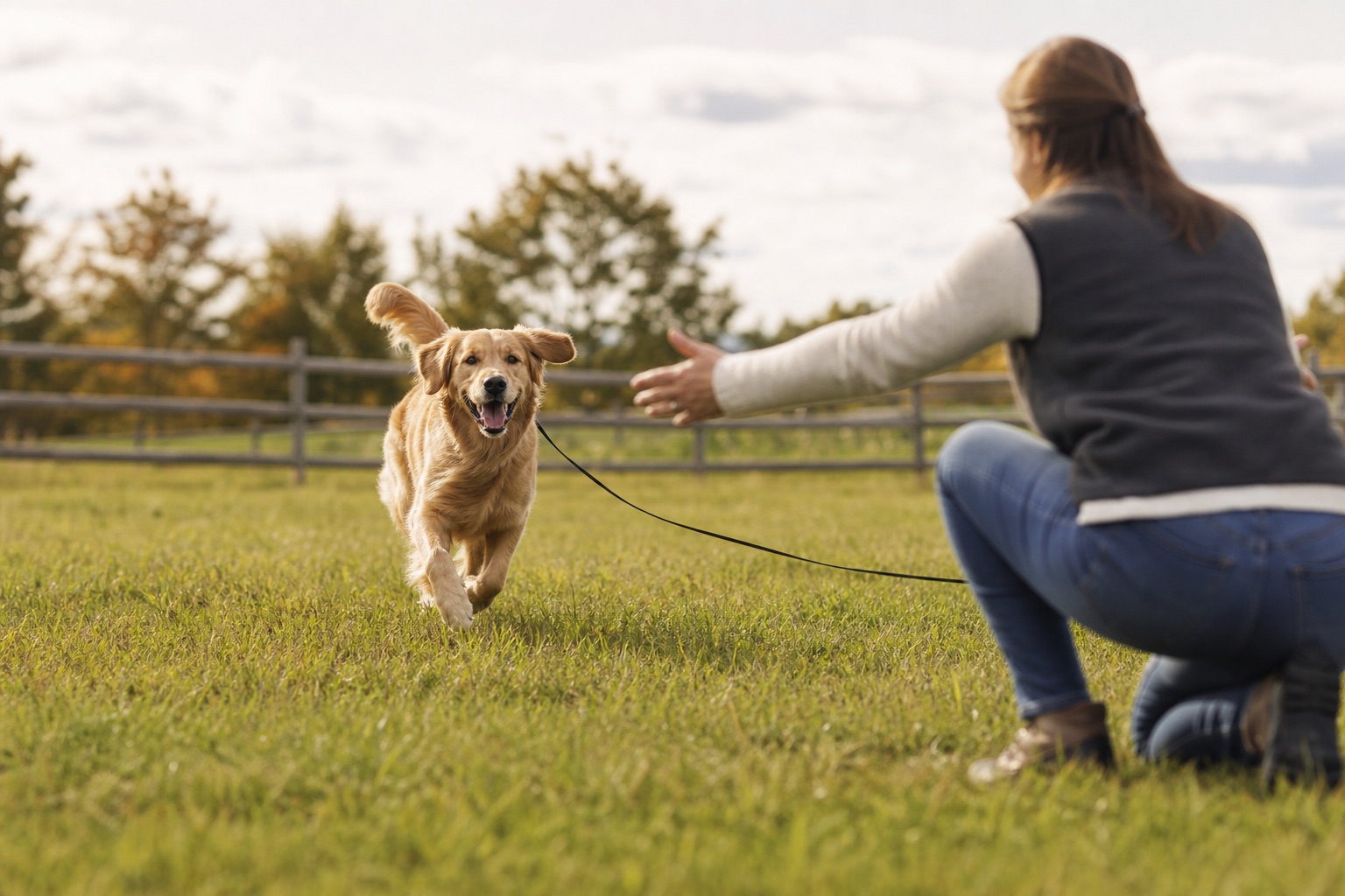 Dog running happily toward its owner during recall practice