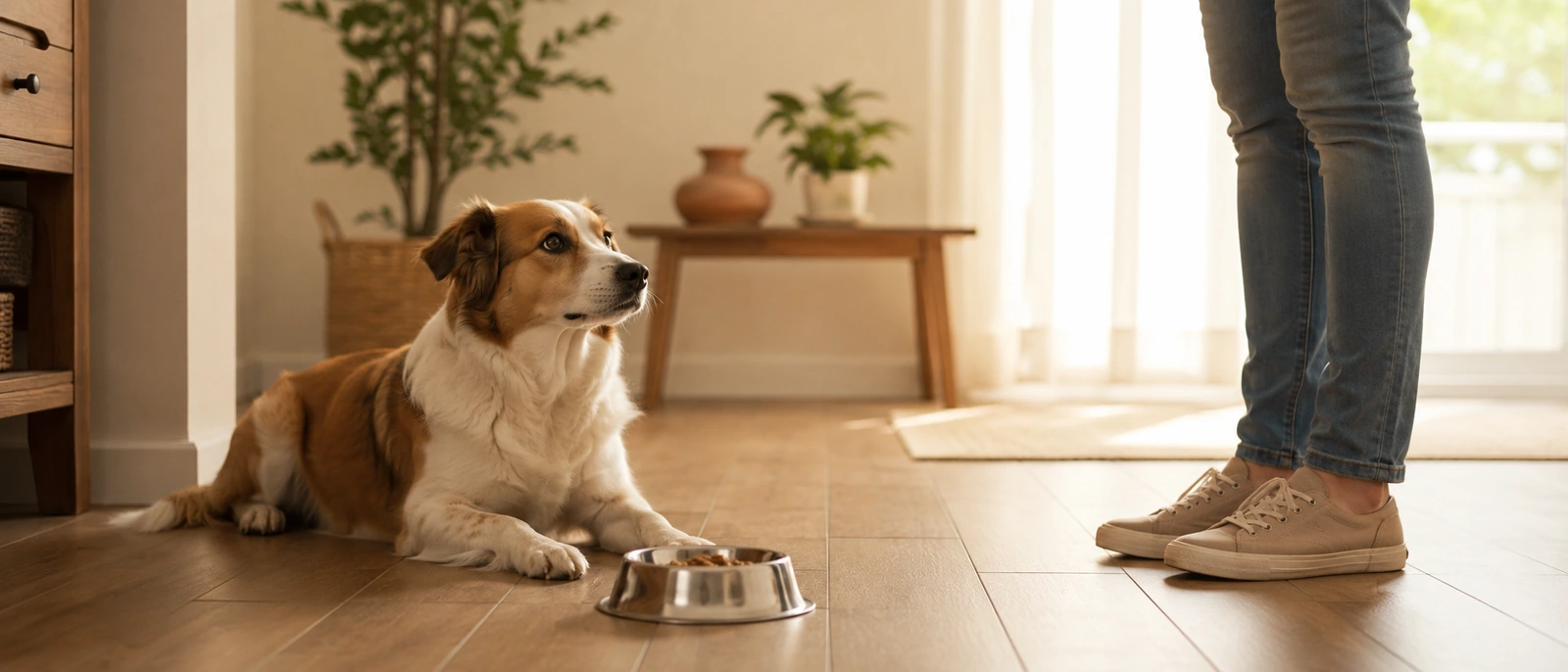 Calm dog resting beside its food bowl while a person stands at a respectful distance