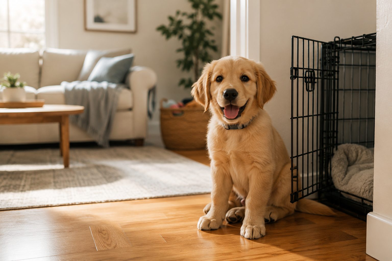 Happy, calm golden retriever puppy sitting in a bright living room next to an open crate, well-trained puppy at home