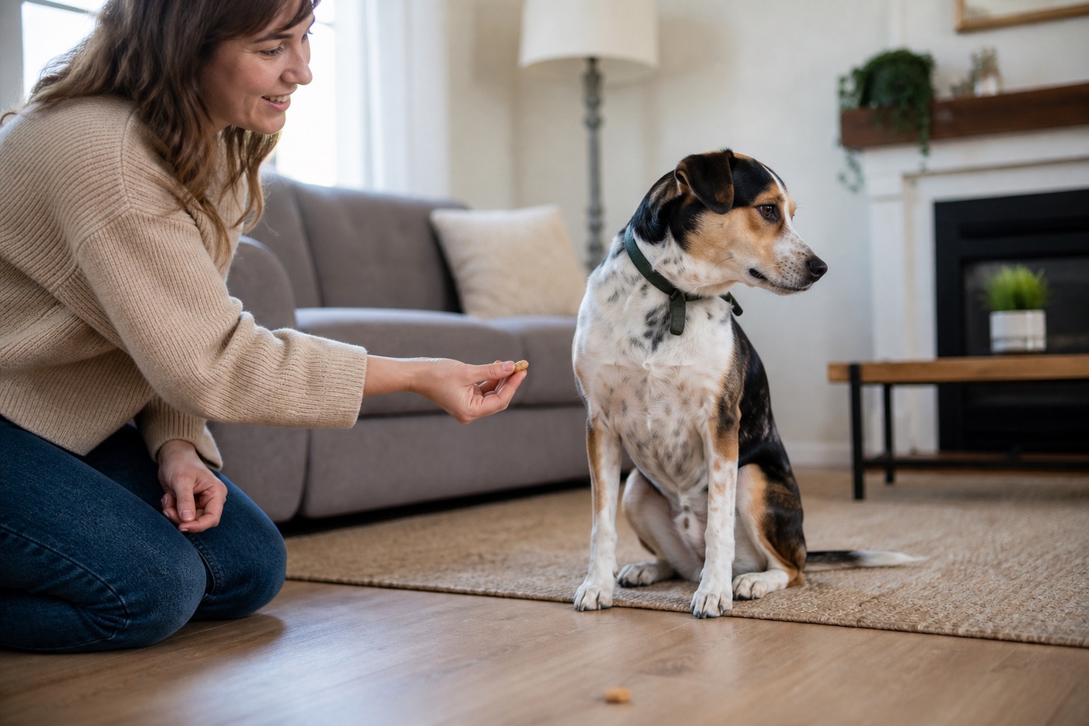Dog looking away from a treat during leave-it training