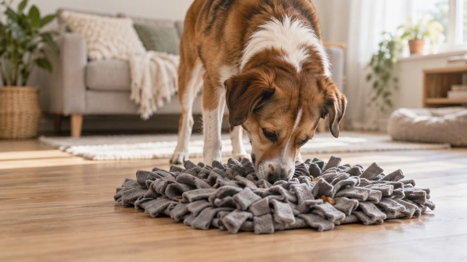 Dog foraging for kibble in a grey snuffle mat at home