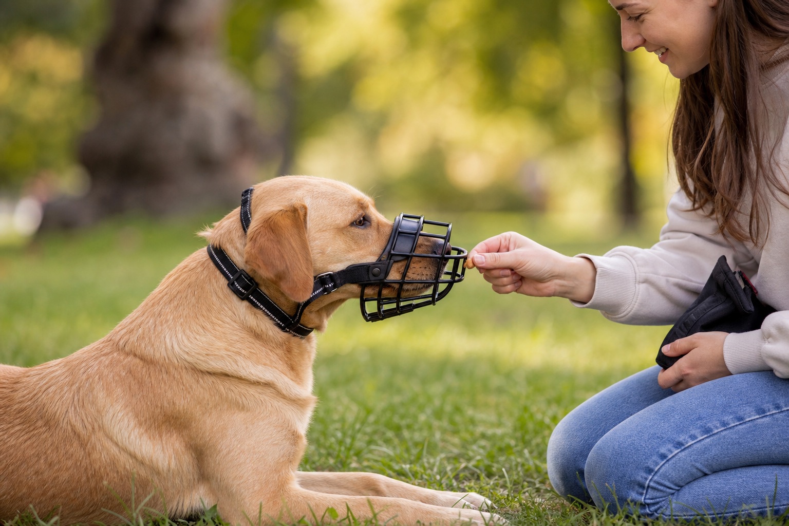 Dog calmly wearing a fitted basket muzzle
