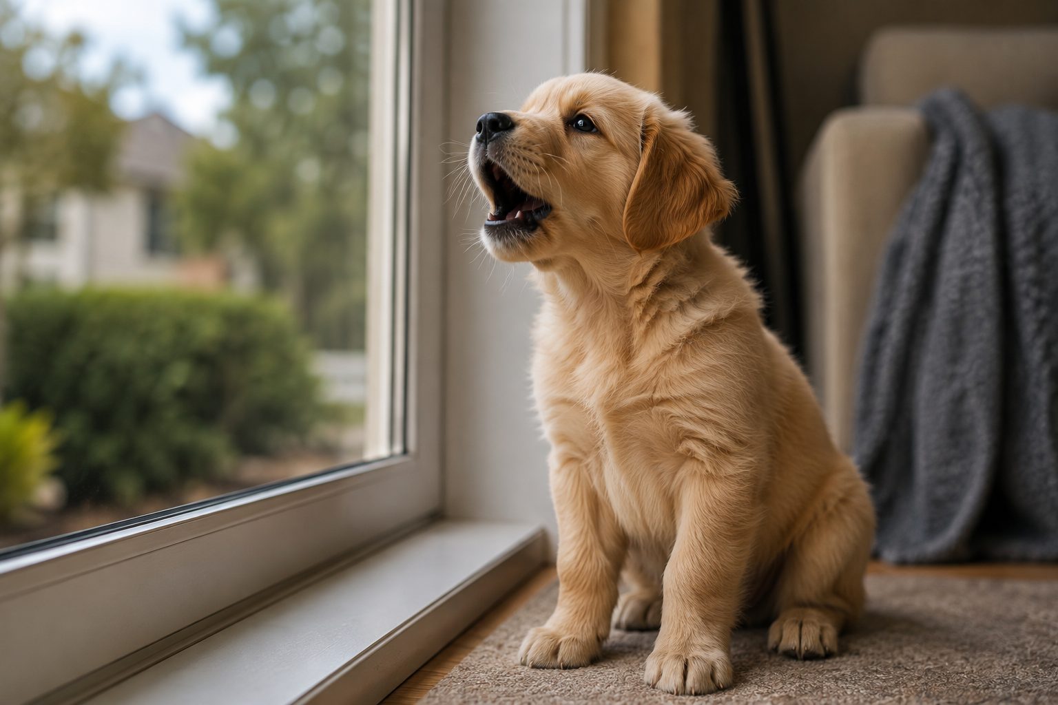 Golden puppy looking alert with mouth open