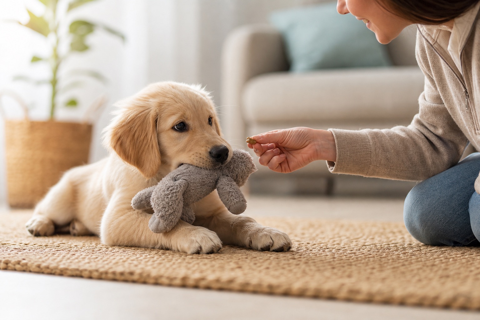 Young puppy holding a soft toy instead of biting hands