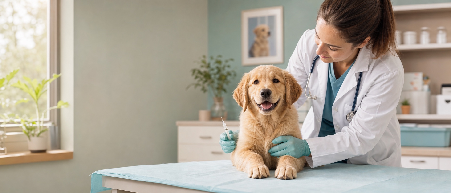 Puppy at the veterinarian for a routine vaccine visit