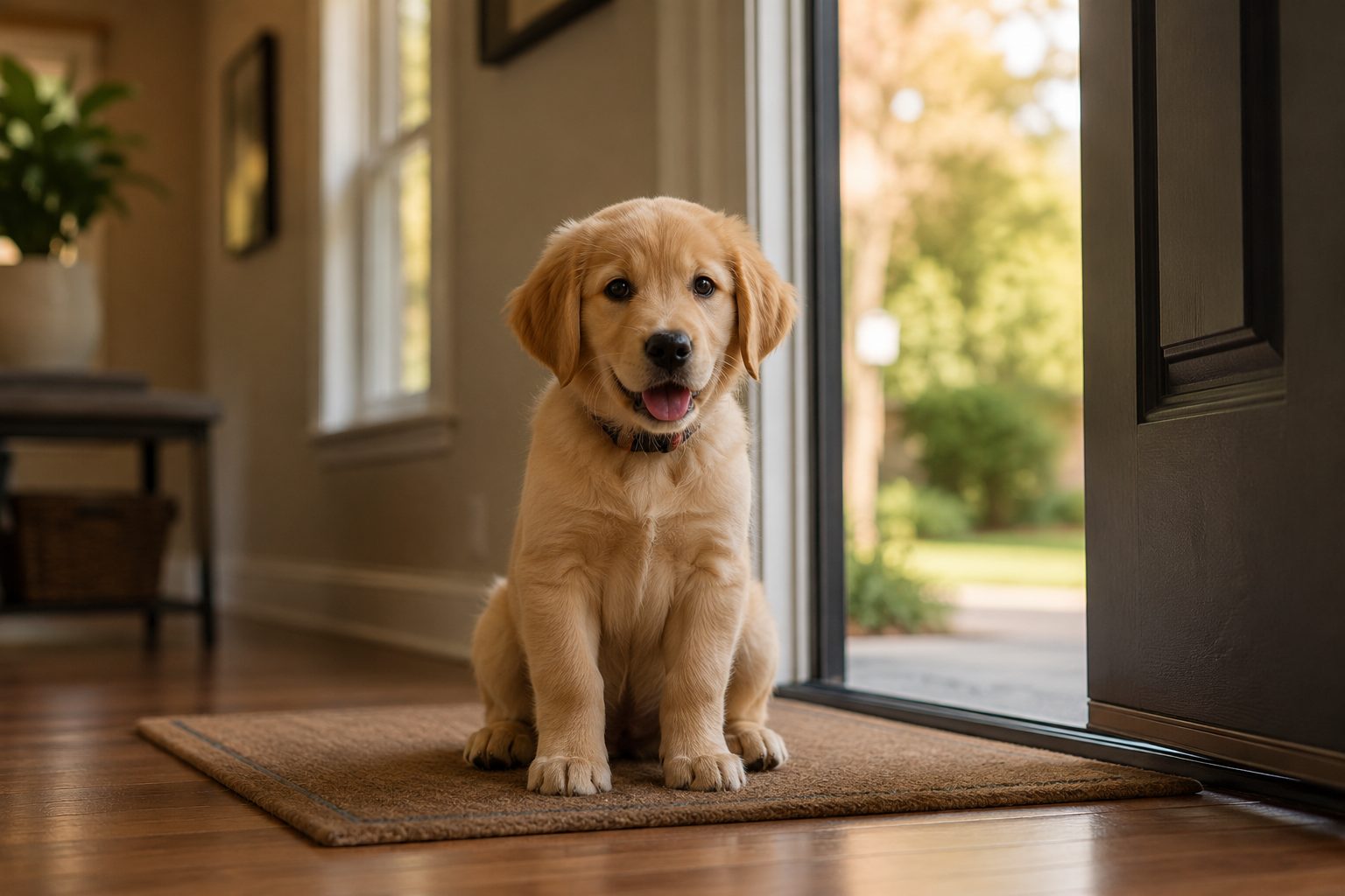 Puppy on a leash standing outdoors on grass