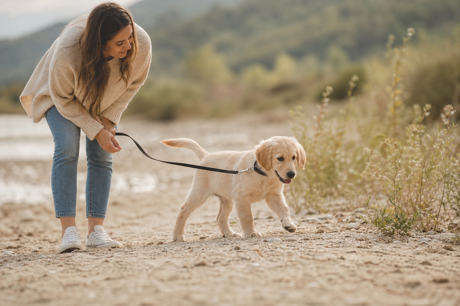 Confident puppy exploring a new outdoor setting beside its owner