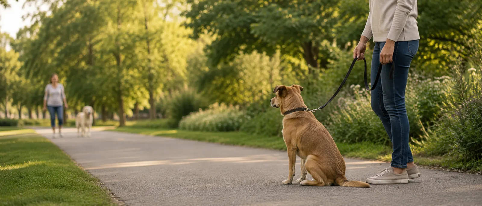 Calm leashed dog observing another dog from a comfortable distance on a park path