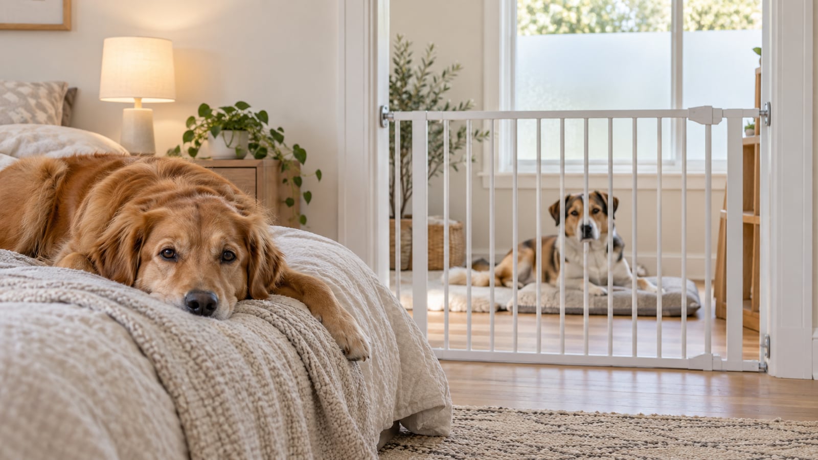 Two calm dogs resting in separate rooms divided by a safety gate