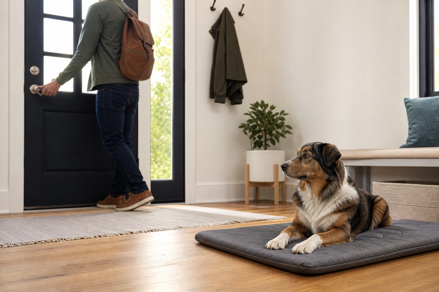 Calm dog resting while its owner prepares to leave