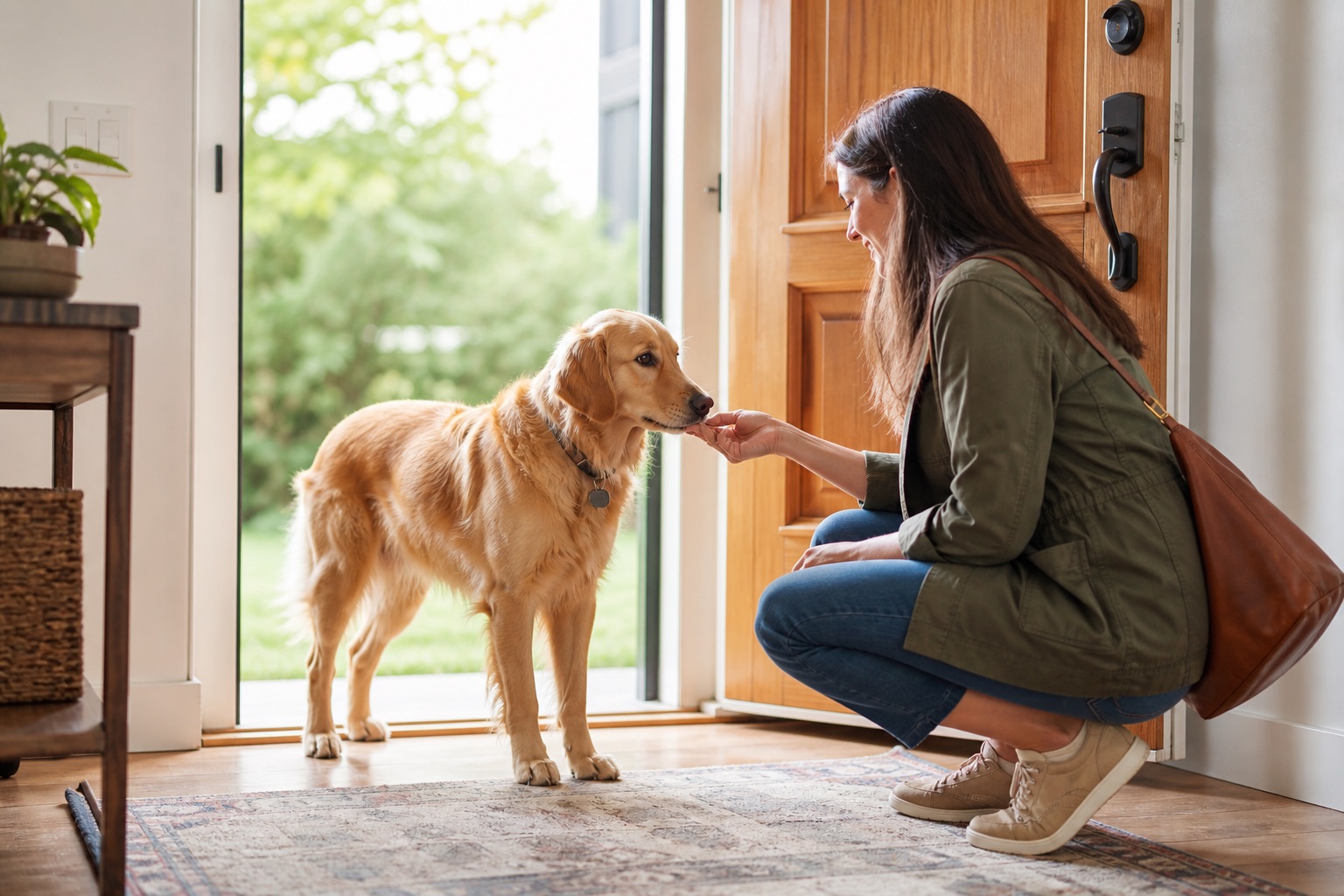 Dog greeting a visitor with four paws on the floor